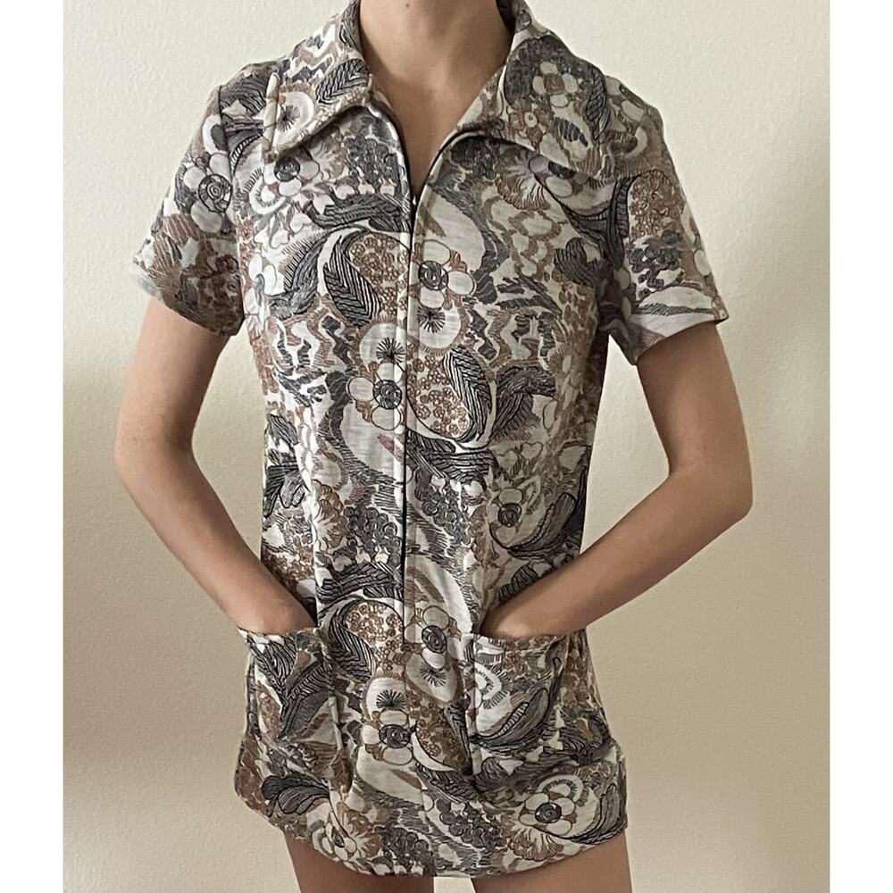 Vintage floral shirt dress short sleeve big collar 70s 60s